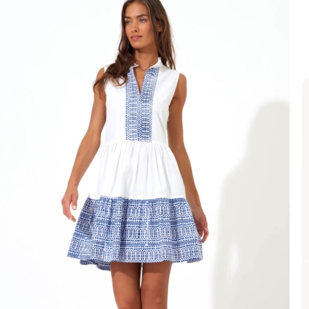 Oliphant White Mini Dress with Blue Embroidered Trim